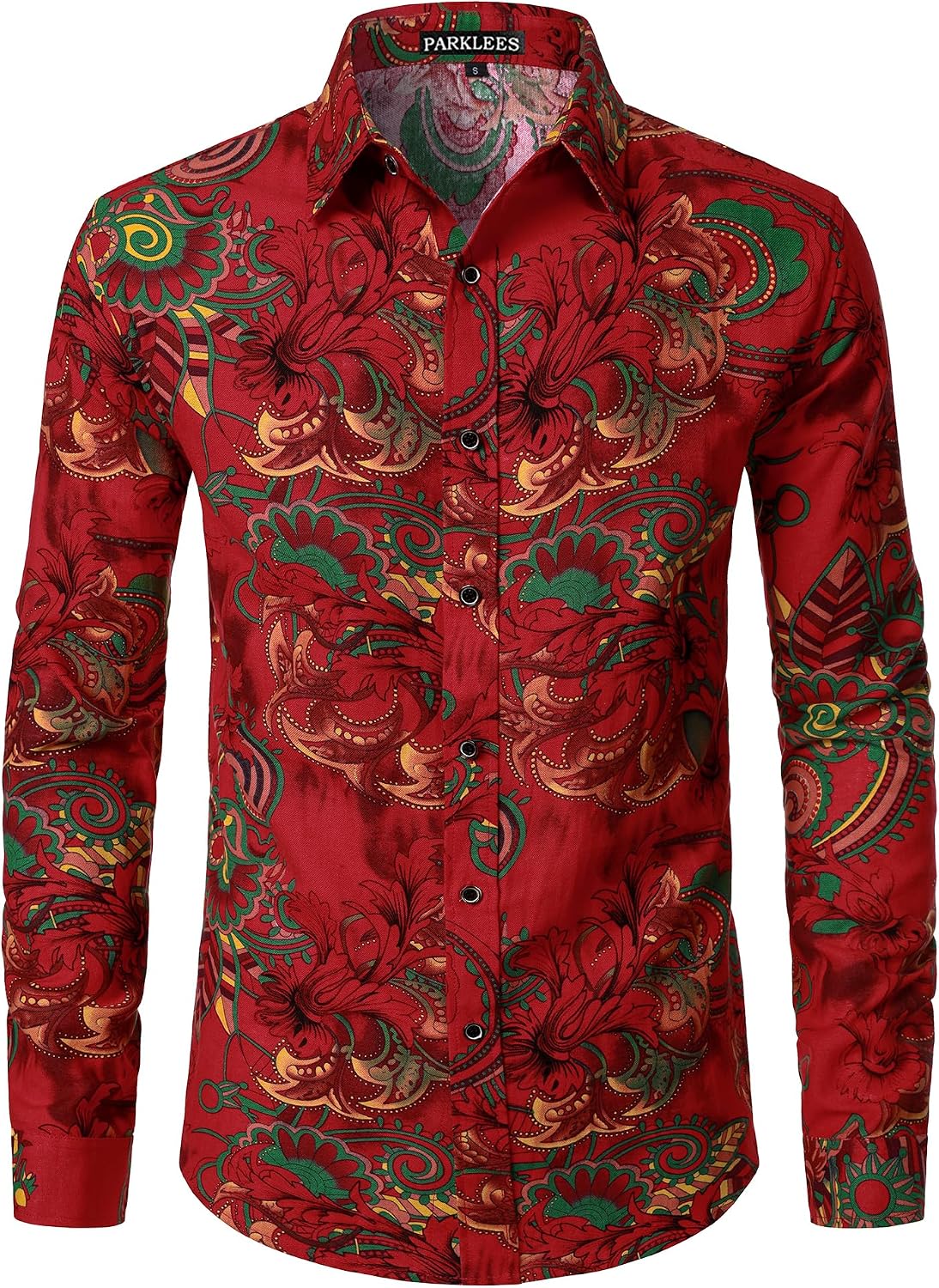 PARKLEES Men's Cotton Linen-Like 70s Disco Retro Traditional Pattern Printed Long Sleeve Button Down Shirt