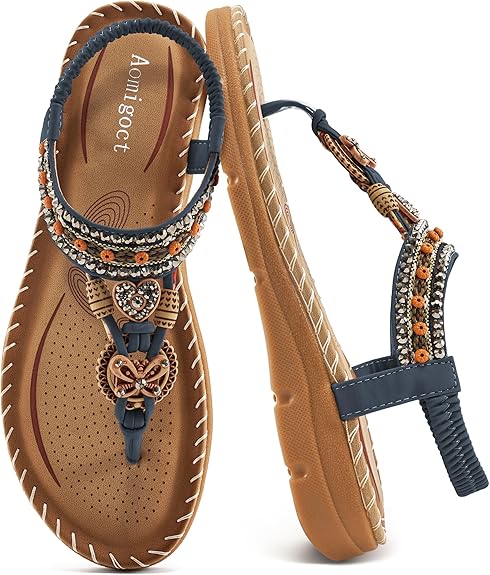 Aomigoct Sandals Women Flat Shoes: Dressy Summer Bohemian Flats Shoes for Women Sandals Comfortable Ankle Strap Outdoor Walking