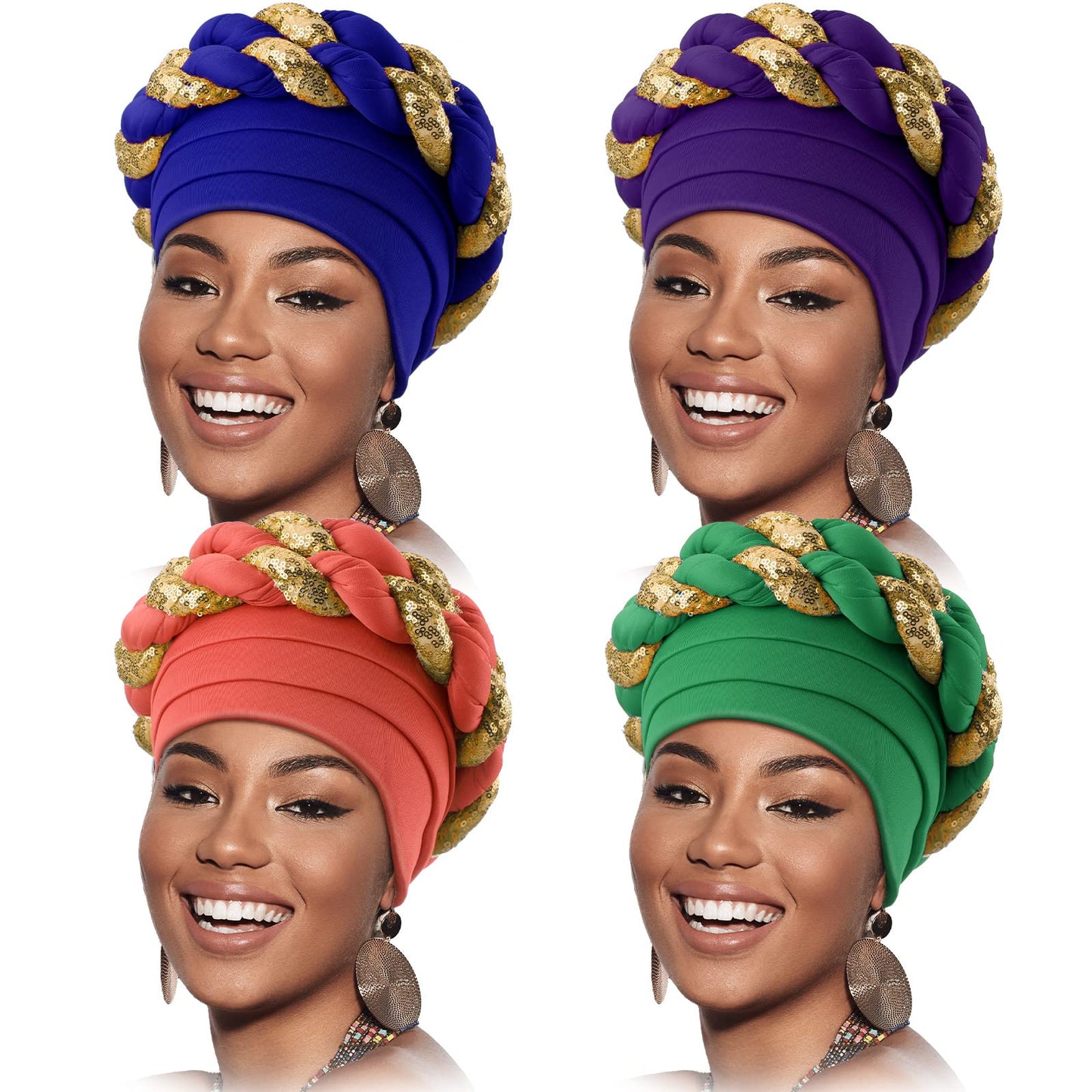 4 Pcs African Turban Head Wrap for Black Women Braid Beanie Stretchy Elastic Turban Hair Wrap