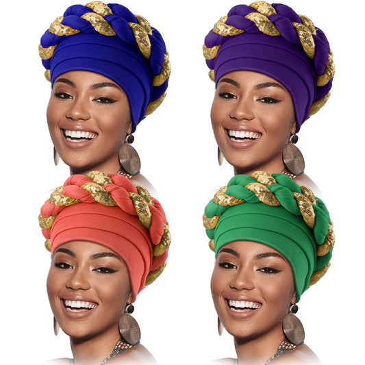 4 Pcs African Turban Head Wrap for Black Women Braid Beanie Stretchy Elastic Turban Hair Wrap