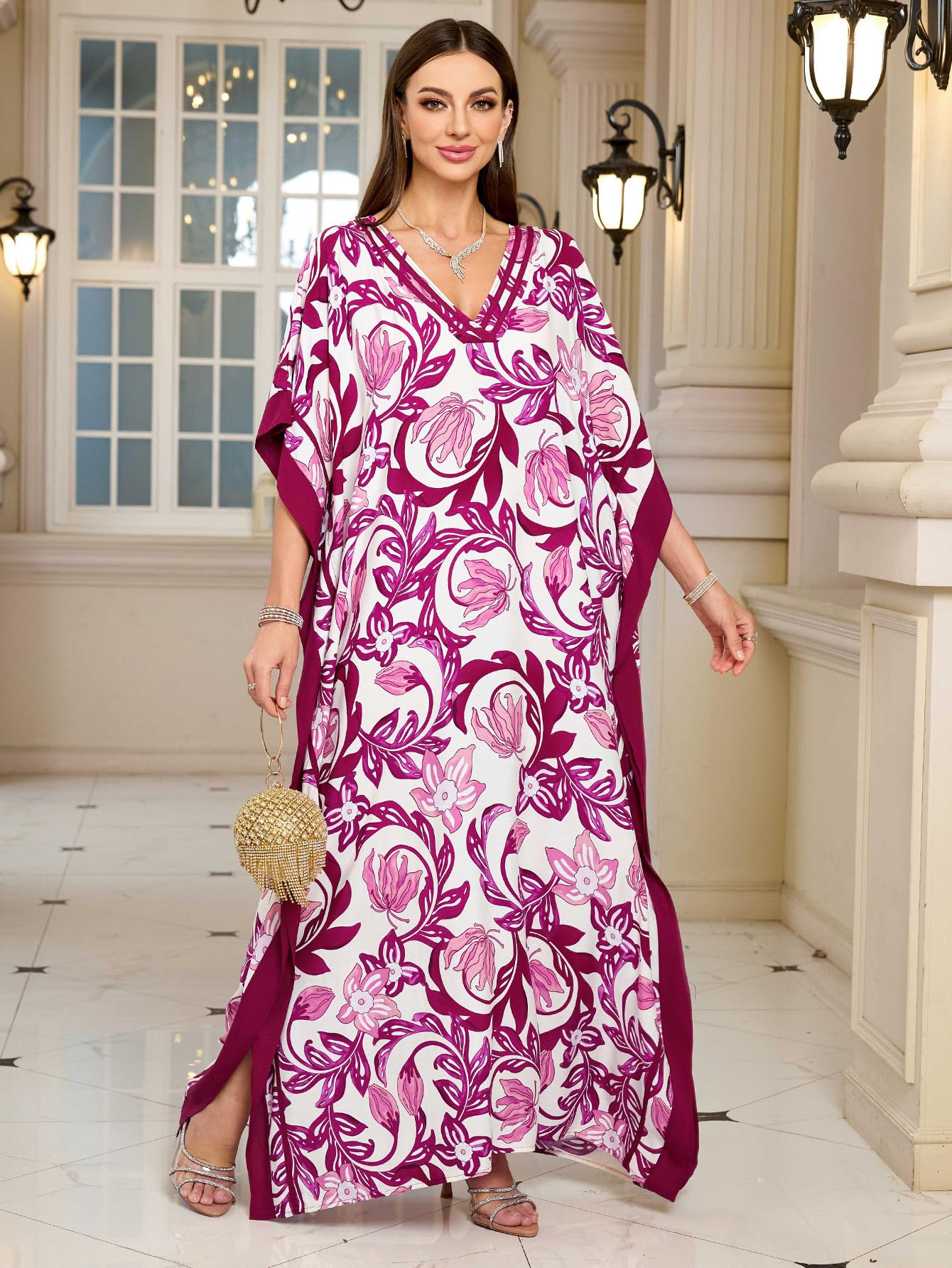 KECVOT Kaftan Dresses for Women V-Neck Print Swimsuit Cover Up Plus Size Beach Caftan Lounge Dress