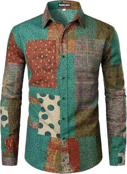 PARKLEES Men's Cotton Linen-Like 70s Disco Retro Traditional Pattern Printed Long Sleeve Button Down Shirt