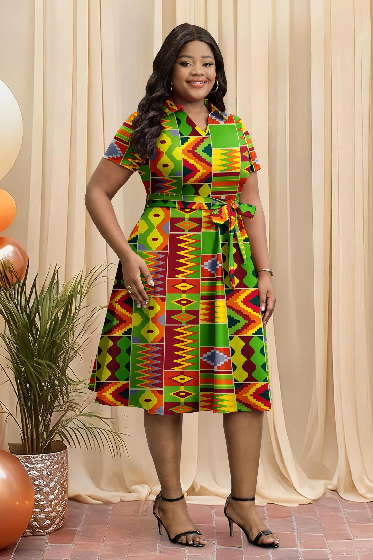 FANDEE Plus Size Dresses, Women Summer Casual V Neck Short Sleeve A-Line Work Cocktail Shirt Midi Dress with Belt and Pockets