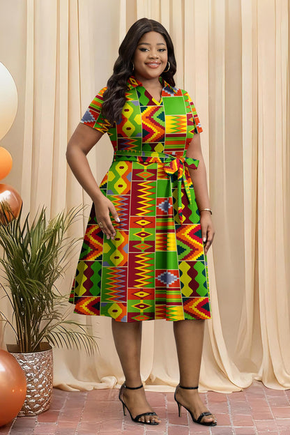 FANDEE Plus Size Dresses, Women Summer Casual V Neck Short Sleeve A-Line Work Cocktail Shirt Midi Dress with Belt and Pockets