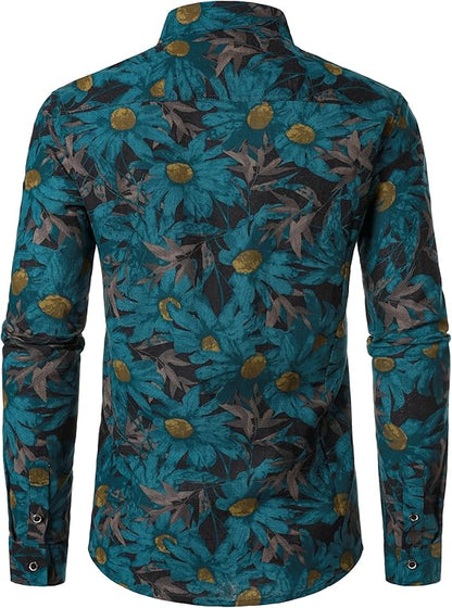 PARKLEES Men's Cotton Linen-Like 70s Disco Retro Traditional Pattern Printed Long Sleeve Button Down Shirt