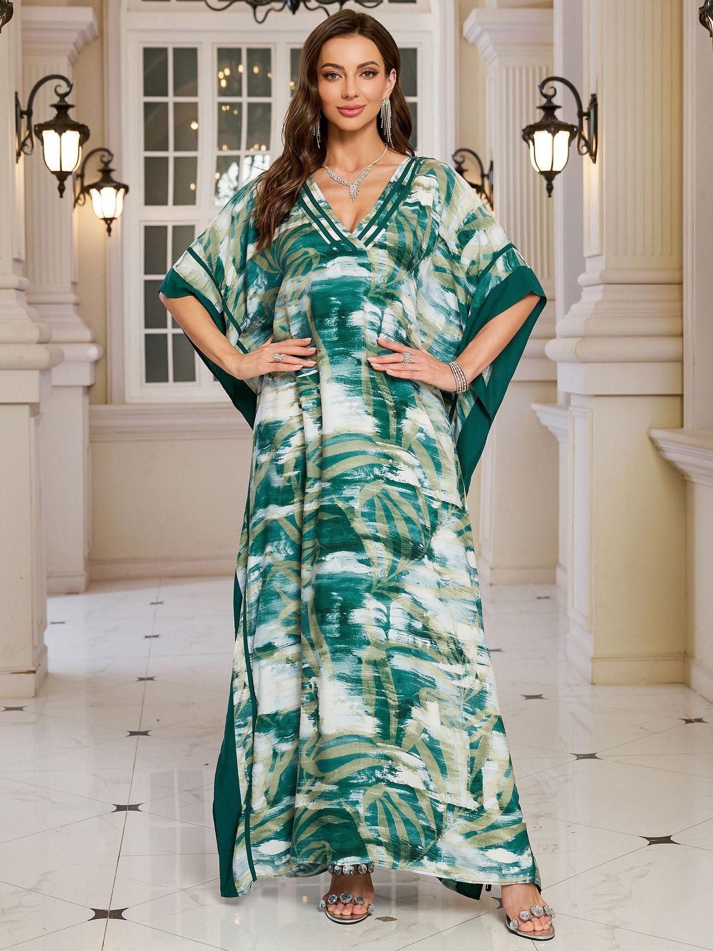 KECVOT Kaftan Dresses for Women V-Neck Print Swimsuit Cover Up Plus Size Beach Caftan Lounge Dress