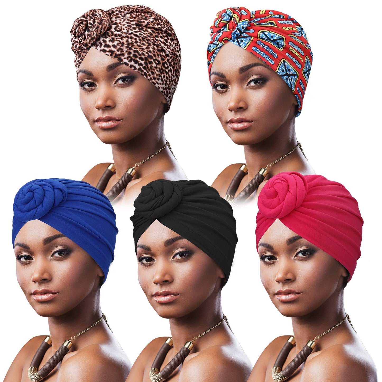 DRESHOW 5 Pack Knotted Headwraps for Women African Turban Pre-Knotted Beanie Headwraps Hair Covers
