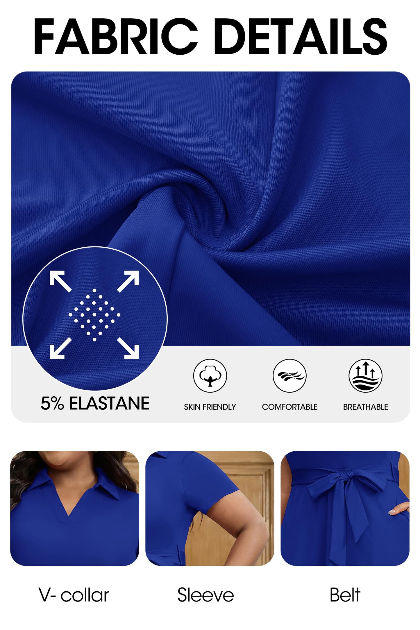FANDEE Plus Size Dresses, Women Summer Casual V Neck Short Sleeve A-Line Work Cocktail Shirt Midi Dress with Belt and Pockets