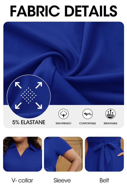FANDEE Plus Size Dresses, Women Summer Casual V Neck Short Sleeve A-Line Work Cocktail Shirt Midi Dress with Belt and Pockets