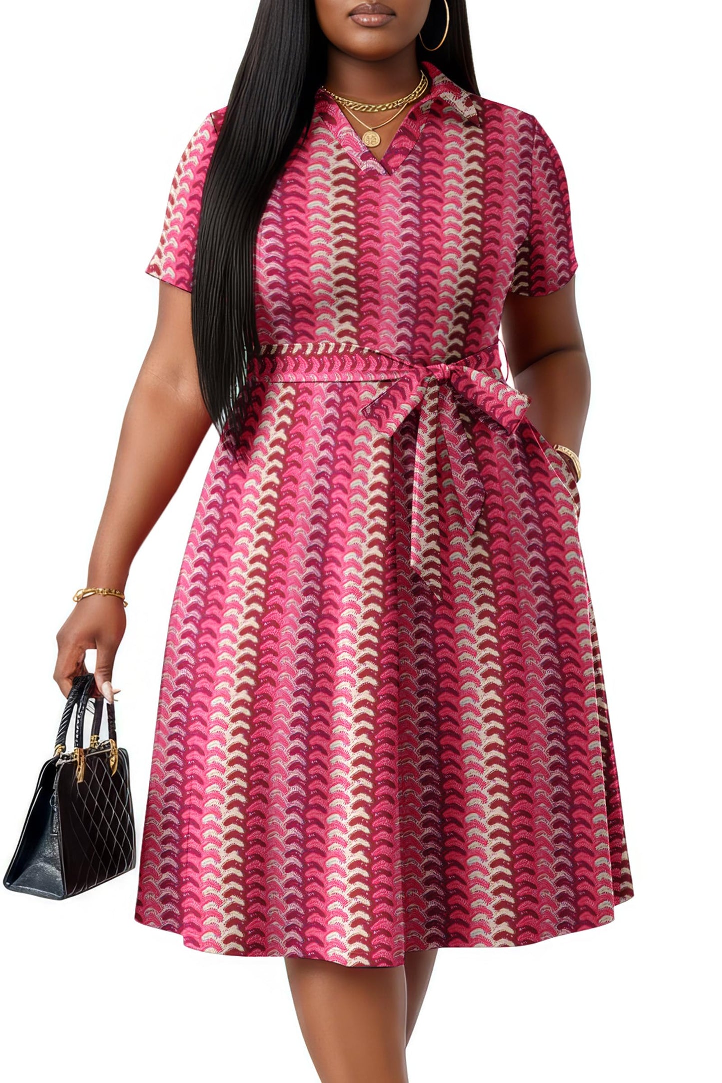 FANDEE Plus Size Dresses, Women Summer Casual V Neck Short Sleeve A-Line Work Cocktail Shirt Midi Dress with Belt and Pockets