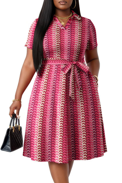 FANDEE Plus Size Dresses, Women Summer Casual V Neck Short Sleeve A-Line Work Cocktail Shirt Midi Dress with Belt and Pockets