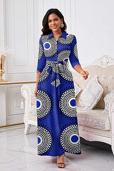 Runwind Women Church Maxi Dresses 3/4 Sleeve Button Down Print Casual Office Dress African