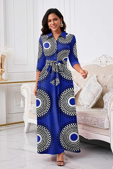 Runwind Women Church Maxi Dresses 3/4 Sleeve Button Down Print Casual Office Dress African