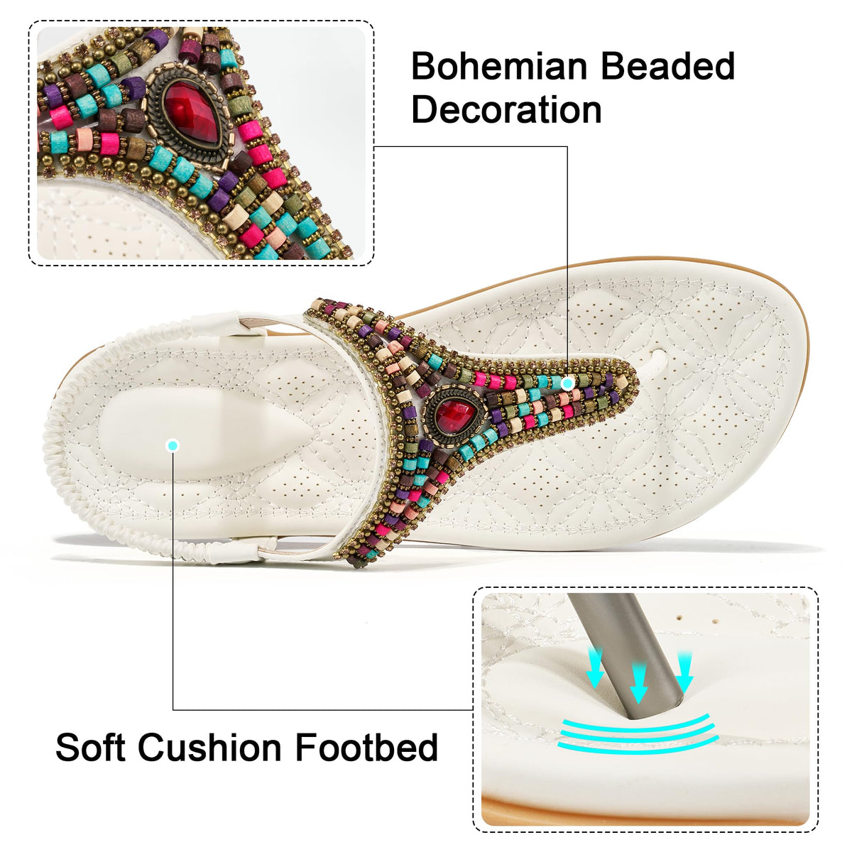 Ecetana Women's Flat Sandals Comfort Beaded Boho Summer Ankle Strap