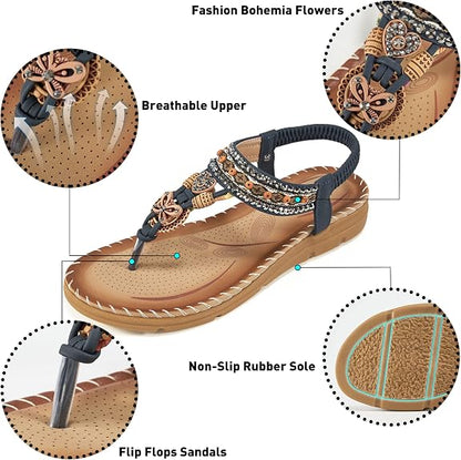 Aomigoct Sandals Women Flat Shoes: Dressy Summer Bohemian Flats Shoes for Women Sandals Comfortable Ankle Strap Outdoor Walking