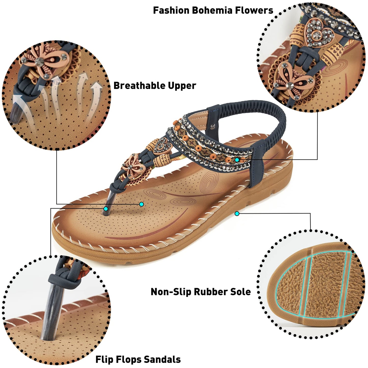 Aomigoct Sandals Women Flat Shoes: Dressy Summer Bohemian Flats Shoes for Women Sandals Comfortable Ankle Strap Outdoor Walking