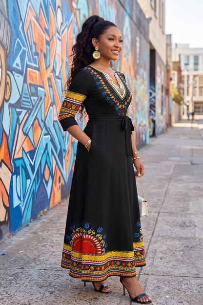 FANDEE African Attire Dresses for Women Elegant Print V Neck 3/4 Sleeve Belted Long Maxi Church Vintage Party Outfits
