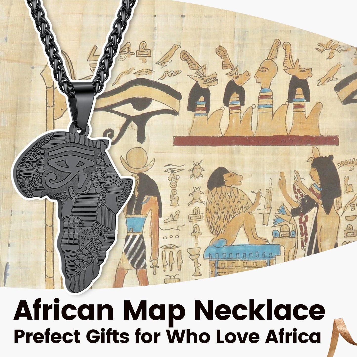 GOLDCHIC JEWELRY Africa Map Necklace for Men, Stainless Steel African Tribal/Egyptian Eye of Horus/I LOVE AFRICA/Elephant Map Hiphop Jewelry Unisex with 22'+2'Adjustable Chain