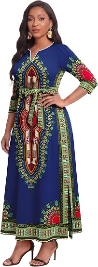 FANDEE African Attire Dresses for Women Elegant Print V Neck 3/4 Sleeve Belted Long Maxi Church Vintage Party Outfits