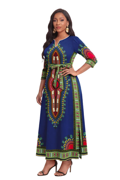 FANDEE African Attire Dresses for Women Elegant Print V Neck 3/4 Sleeve Belted Long Maxi Church Vintage Party Outfits