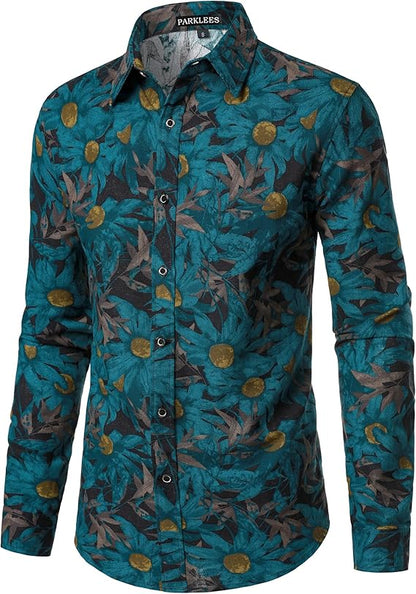 PARKLEES Men's Cotton Linen-Like 70s Disco Retro Traditional Pattern Printed Long Sleeve Button Down Shirt