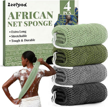 African Net Sponge Authentic-4 Packs African Exfoliating Net Sponge,Bath Sponges for Shower,42 inch Long for Normal to Sensitive Skin, for Daily use, Body Exfoliator Shower (Green,Pink,Blue,Grey)