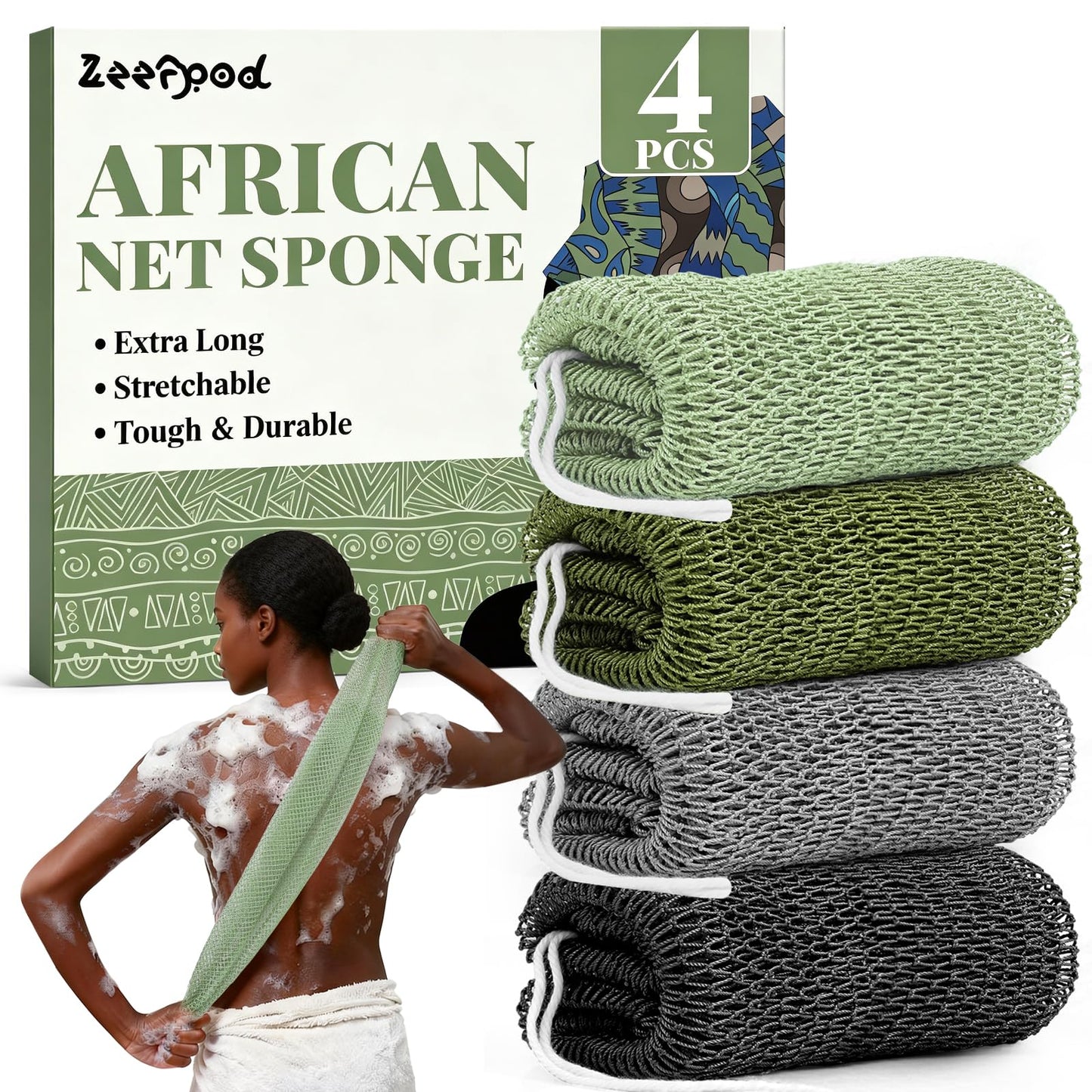 African Net Sponge Authentic-4 Packs African Exfoliating Net Sponge,Bath Sponges for Shower,42 inch Long for Normal to Sensitive Skin, for Daily use, Body Exfoliator Shower (Green,Pink,Blue,Grey)