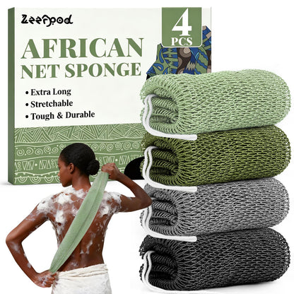 African Net Sponge Authentic-4 Packs African Exfoliating Net Sponge,Bath Sponges for Shower,42 inch Long for Normal to Sensitive Skin, for Daily use, Body Exfoliator Shower (Green,Pink,Blue,Grey)