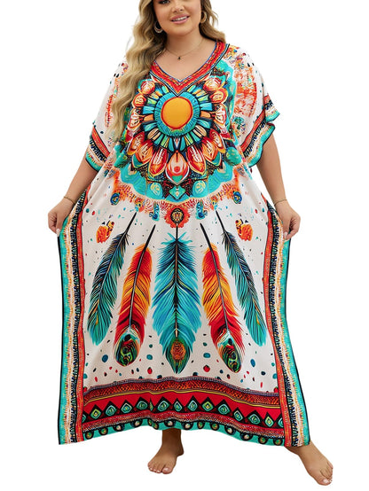 KECVOT Kaftan Dresses for Women V-Neck Print Swimsuit Cover Up Plus Size Beach Caftan Lounge Dress