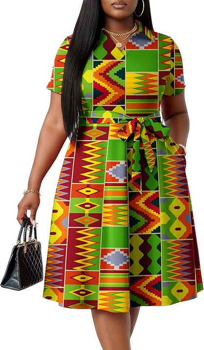 FANDEE Plus Size Dresses, Women Summer Casual V Neck Short Sleeve A-Line Work Cocktail Shirt Midi Dress with Belt and Pockets