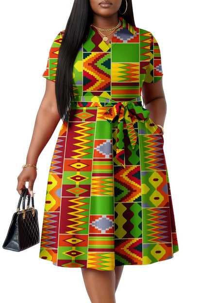 FANDEE Plus Size Dresses, Women Summer Casual V Neck Short Sleeve A-Line Work Cocktail Shirt Midi Dress with Belt and Pockets
