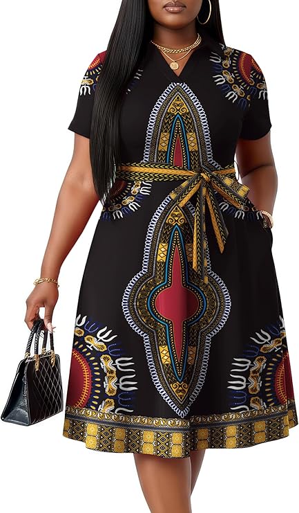 FANDEE Plus Size Dresses, Women Summer Casual V Neck Short Sleeve A-Line Work Cocktail Shirt Midi Dress with Belt and Pockets