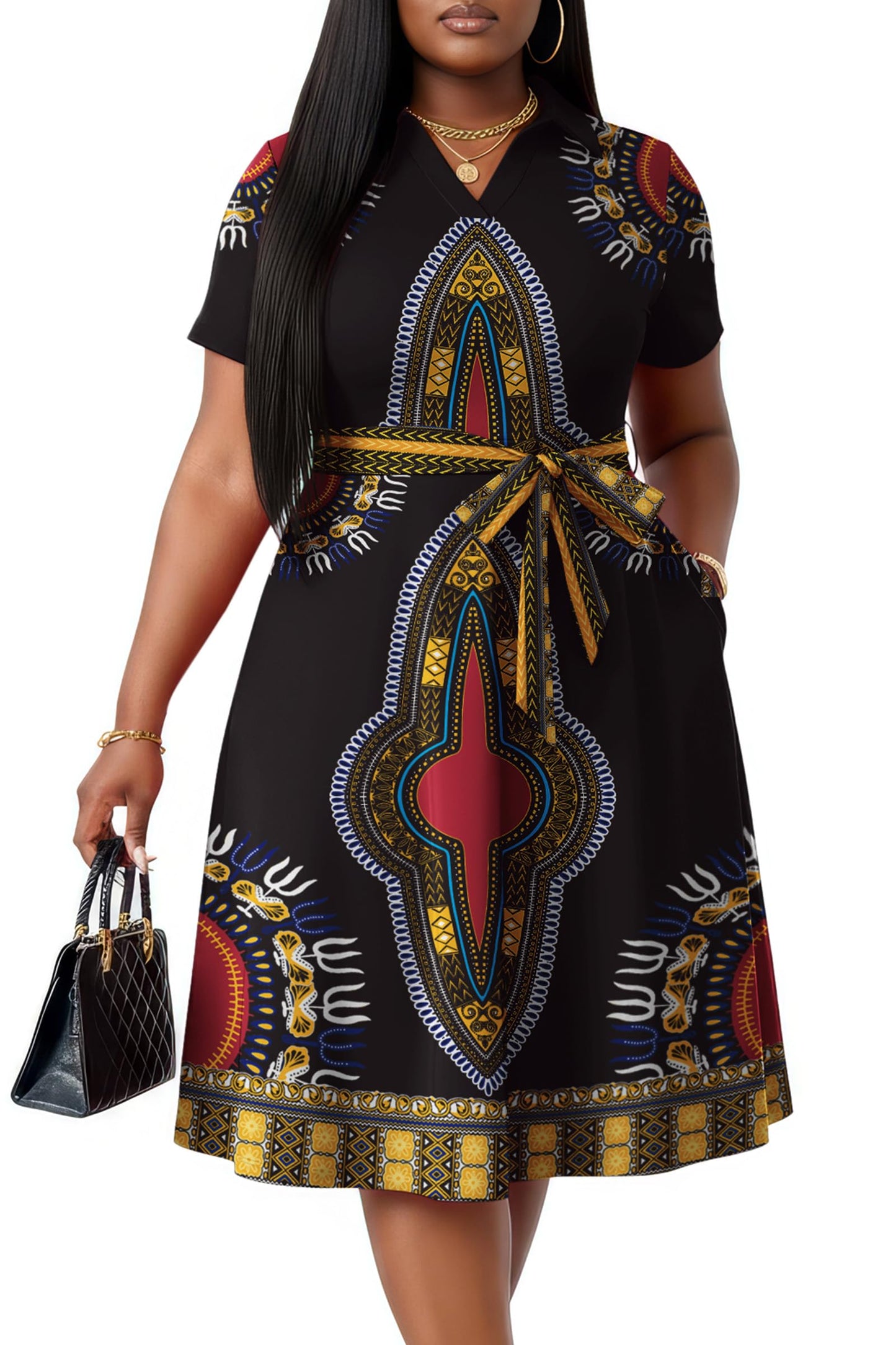 FANDEE Plus Size Dresses, Women Summer Casual V Neck Short Sleeve A-Line Work Cocktail Shirt Midi Dress with Belt and Pockets