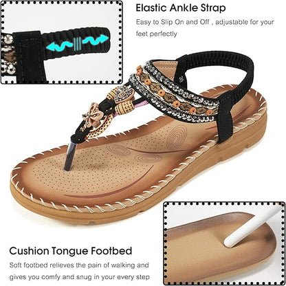 Aomigoct Sandals Women Flat Shoes: Dressy Summer Bohemian Flats Shoes for Women Sandals Comfortable Ankle Strap Outdoor Walking