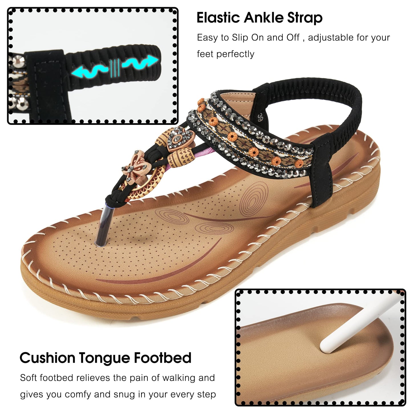 Aomigoct Sandals Women Flat Shoes: Dressy Summer Bohemian Flats Shoes for Women Sandals Comfortable Ankle Strap Outdoor Walking
