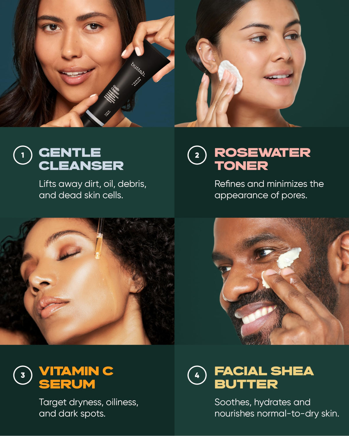 Buttah Skin Supreme Kit for Melanin Rich Skin | Oil-Free Hyaluronic Gel Cream 2 oz | Vitamin C Serum 1 oz | Cleanser 3.4 oz | Rosewater Toner 3.4 oz | Black Owned Skincare