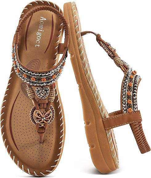 Aomigoct Sandals Women Flat Shoes: Dressy Summer Bohemian Flats Shoes for Women Sandals Comfortable Ankle Strap Outdoor Walking