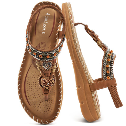 Aomigoct Sandals Women Flat Shoes: Dressy Summer Bohemian Flats Shoes for Women Sandals Comfortable Ankle Strap Outdoor Walking