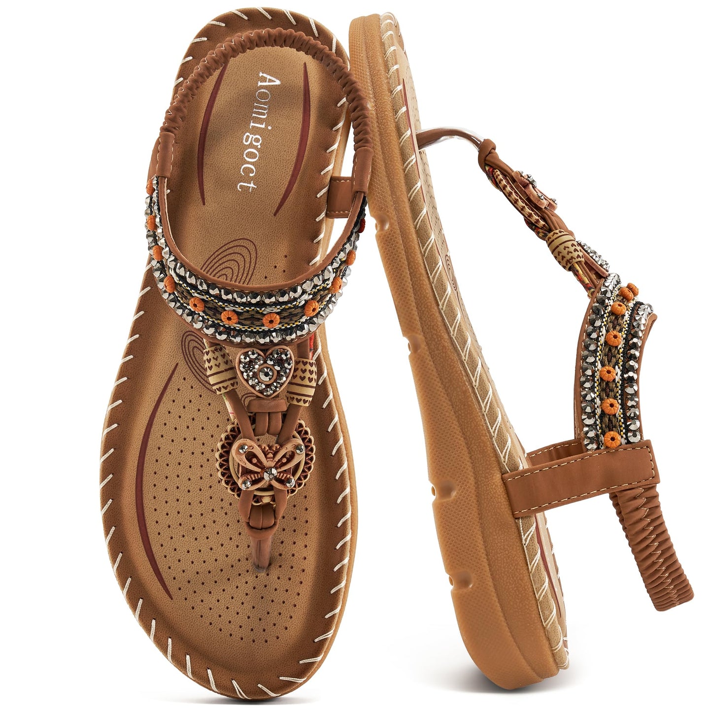 Aomigoct Sandals Women Flat Shoes: Dressy Summer Bohemian Flats Shoes for Women Sandals Comfortable Ankle Strap Outdoor Walking