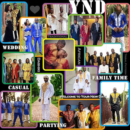 YND Men’s 2 Piece Set African Dashiki Shirt and Pants, Outfit with Gold Print