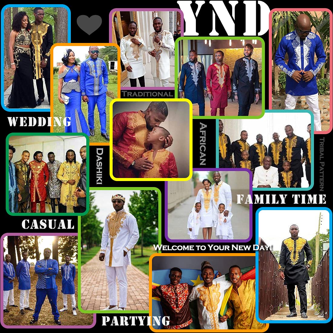 YND Men’s 2 Piece Set African Dashiki Shirt and Pants, Outfit with Gold Print