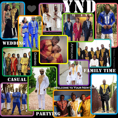 YND Men’s 2 Piece Set African Dashiki Shirt and Pants, Outfit with Gold Print