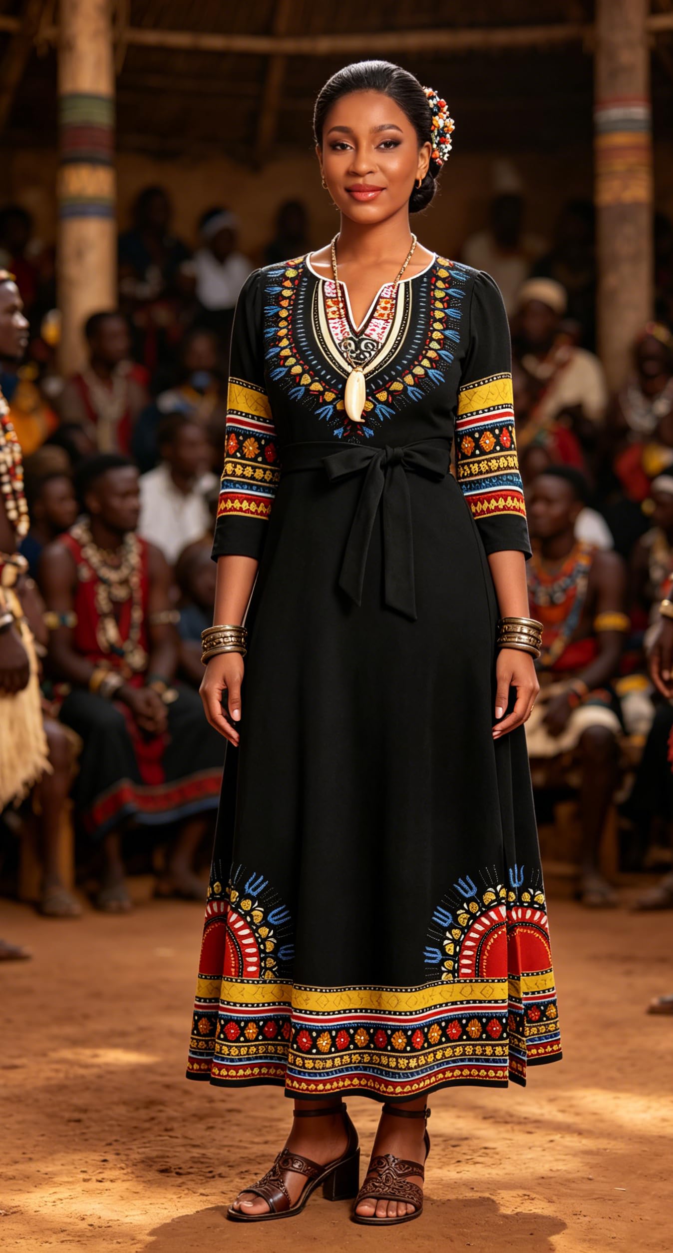 FANDEE African Attire Dresses for Women Elegant Print V Neck 3/4 Sleeve Belted Long Maxi Church Vintage Party Outfits