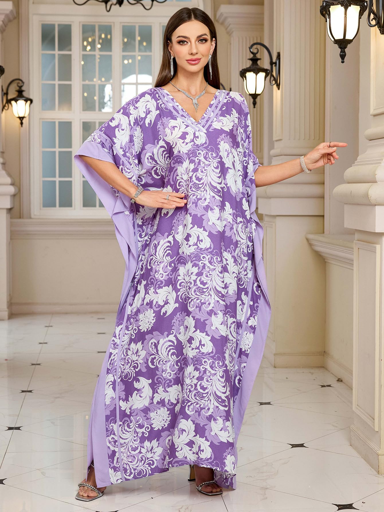 KECVOT Kaftan Dresses for Women V-Neck Print Swimsuit Cover Up Plus Size Beach Caftan Lounge Dress