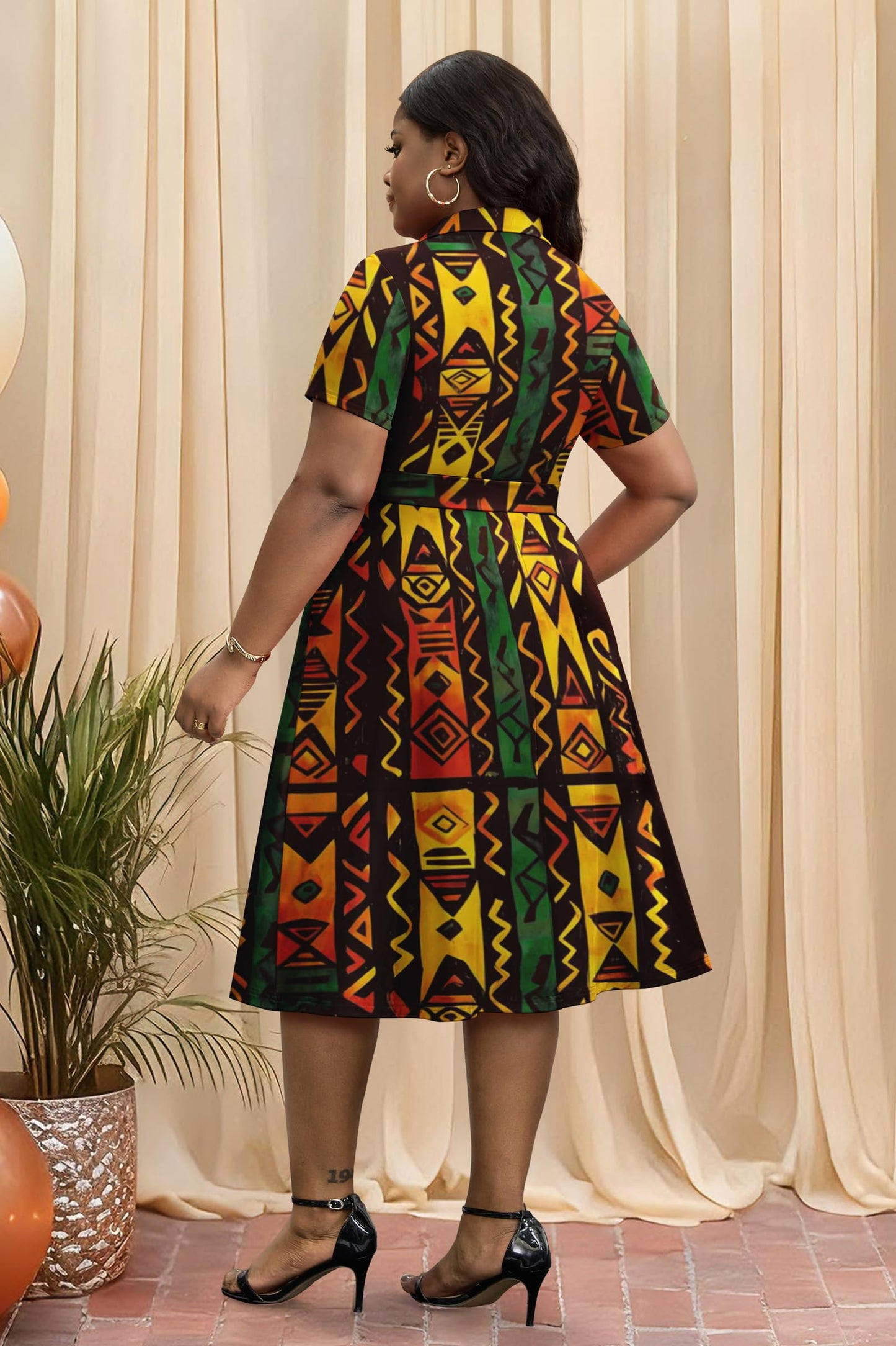 FANDEE Plus Size Dresses, Women Summer Casual V Neck Short Sleeve A-Line Work Cocktail Shirt Midi Dress with Belt and Pockets