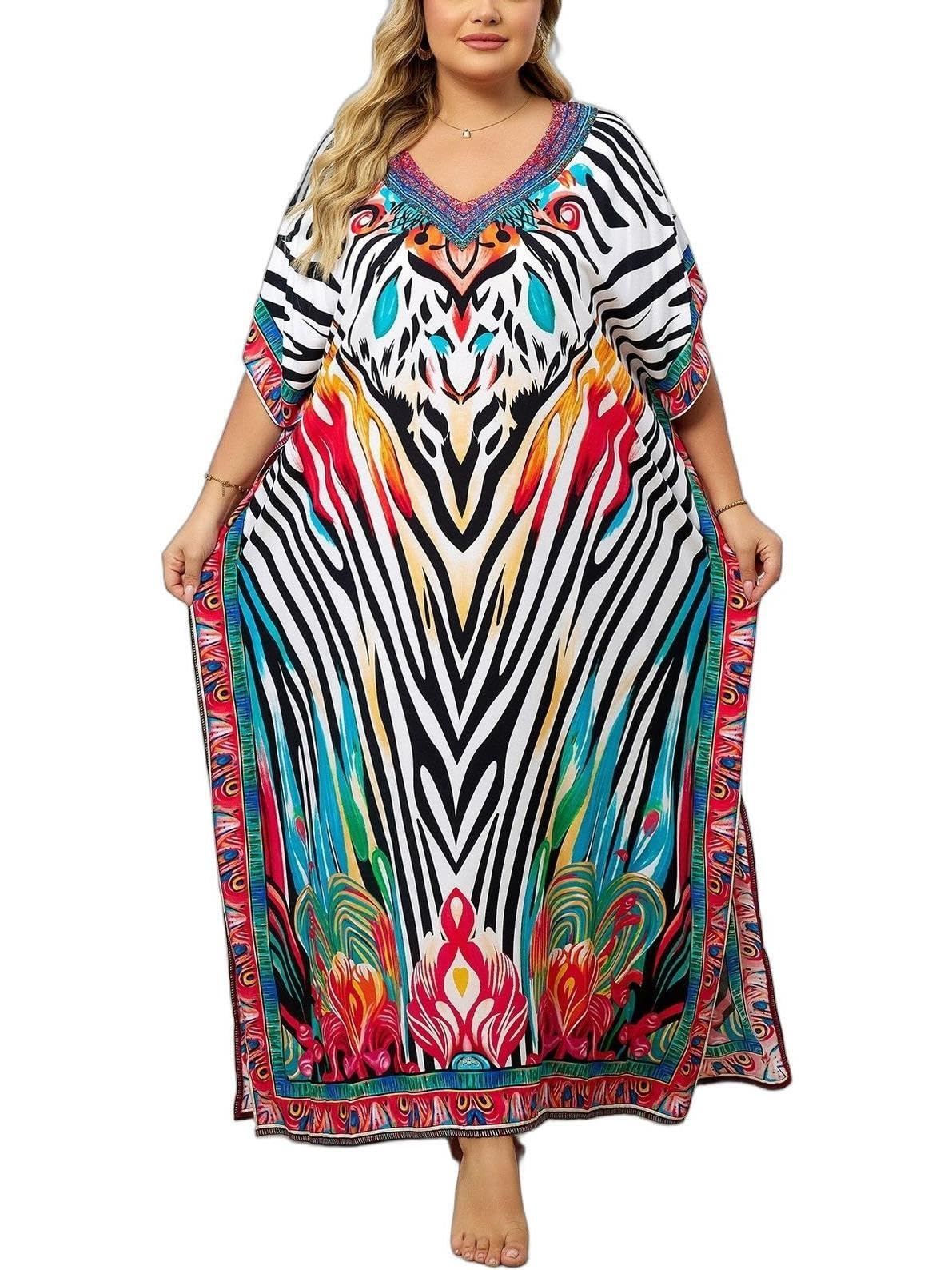 KECVOT Kaftan Dresses for Women V-Neck Print Swimsuit Cover Up Plus Size Beach Caftan Lounge Dress