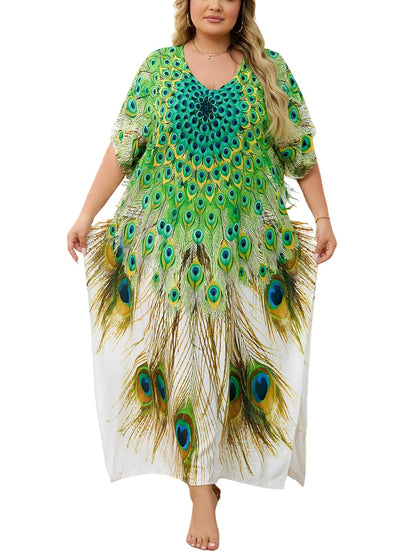 KECVOT Kaftan Dresses for Women V-Neck Print Swimsuit Cover Up Plus Size Beach Caftan Lounge Dress