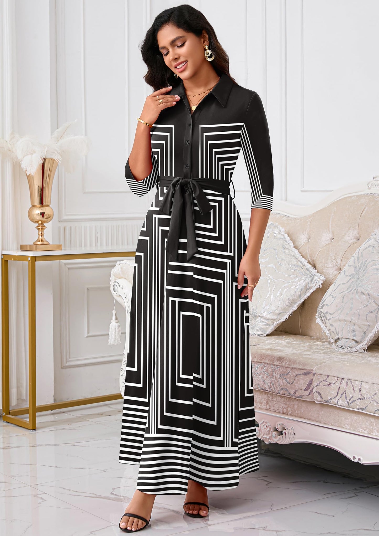 Rumwind Maxi Dresses for Women, 3/4 Sleeve Shirt Collar Casual Afircan Print Church Dress Button Down with Belt and Pockets