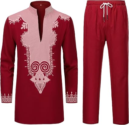 YND Men’s 2 Piece Set African Dashiki Shirt and Pants, Outfit with Gold Print
