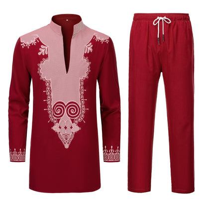 YND Men’s 2 Piece Set African Dashiki Shirt and Pants, Outfit with Gold Print